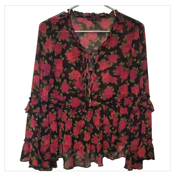 American Eagle Outfitters Tops - American Eagle Floral Sheer Blouse Small Boho Cottagecore Ruffle Peasant Top